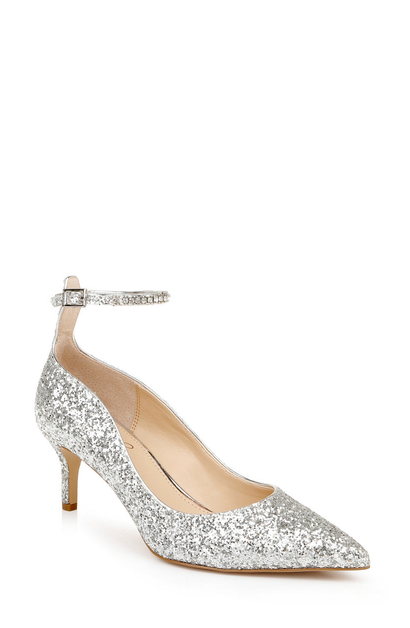 Silver Glitter | Jamila Ankle Strap Kitten Heel