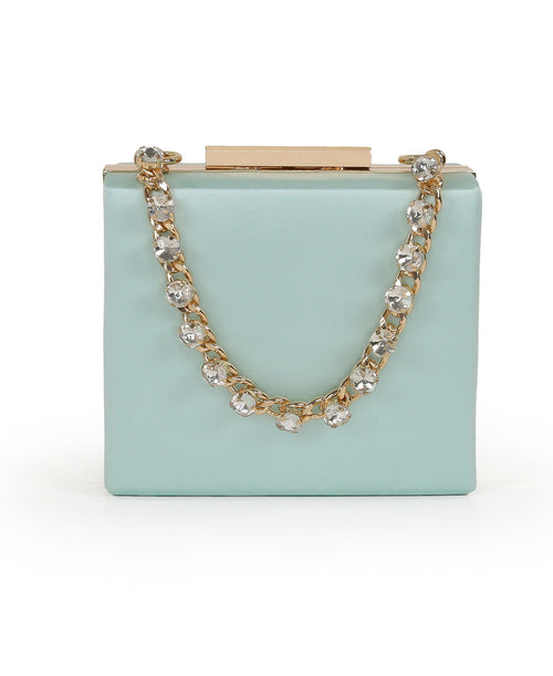 Lt Mint Green | Billie Mini Box Clutch with Rhinestone Wristlet Front
