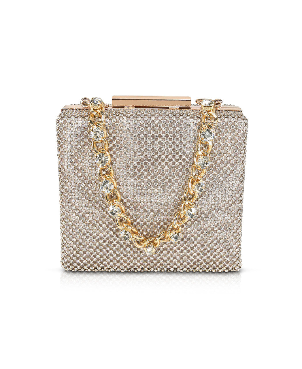 Gold | Katie Crystal Mini Box Clutch with Rhinestone Inset Chain