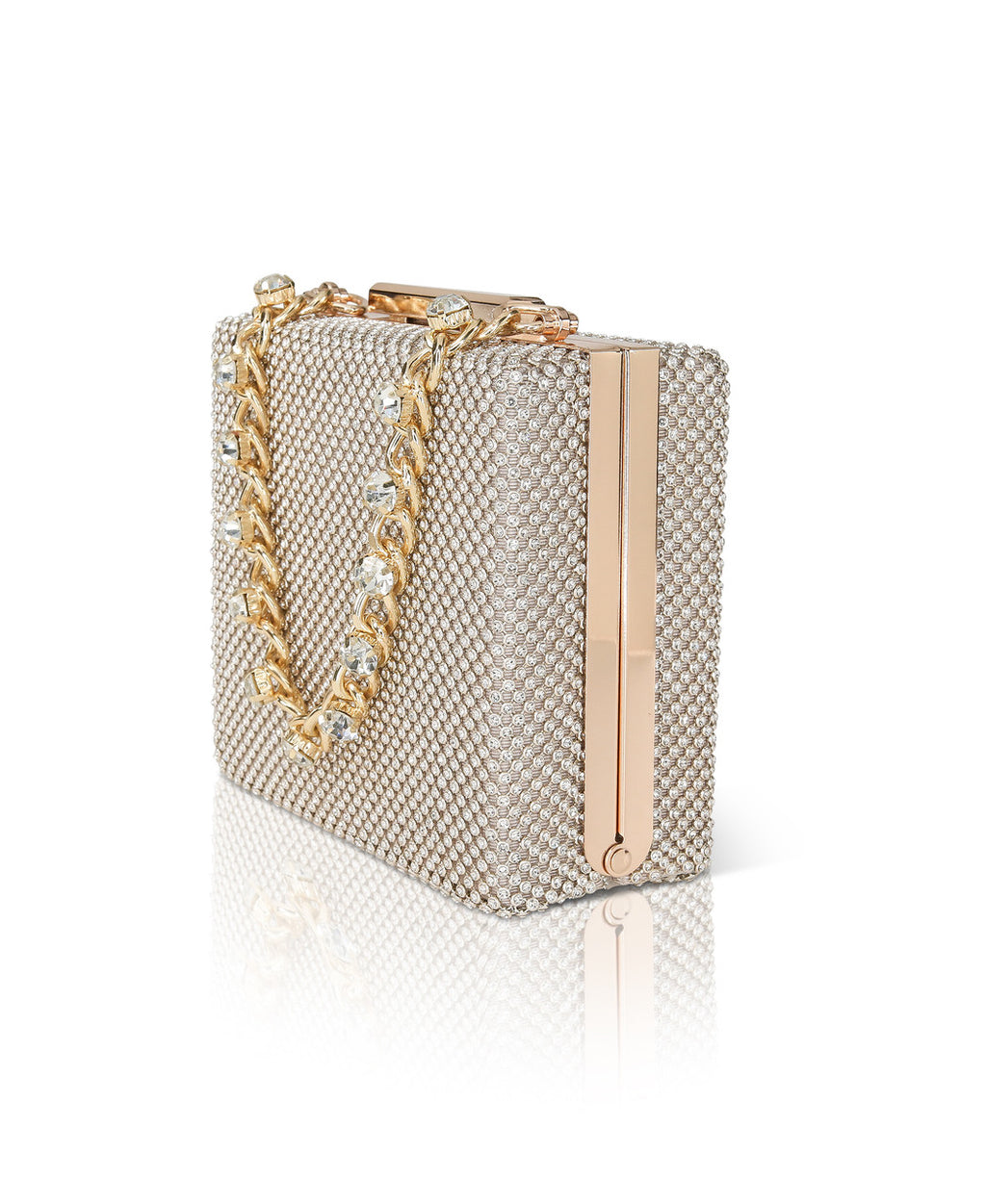 Gold | Katie Crystal Mini Box Clutch with Rhinestone Inset Chain