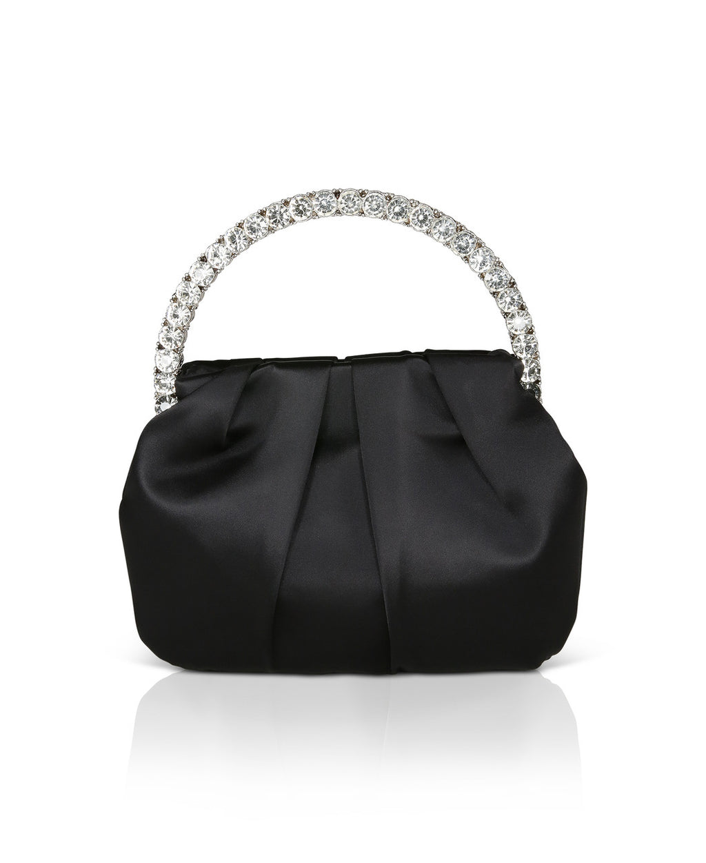 Black | Audrey Pleated Satin Pouch with Halfmoon Crystal Handle