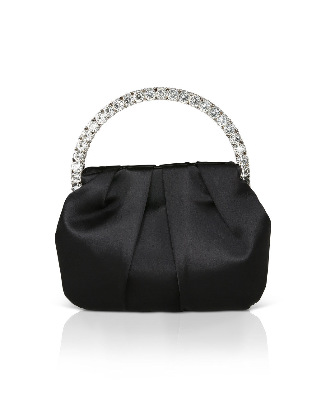 Black | Audrey Pleated Satin Pouch with Halfmoon Crystal Handle