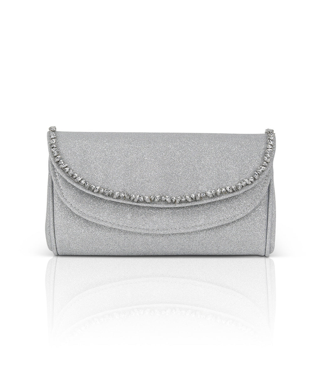 Silver | Talia Satin Double Flap Clutch with Crystal Trim