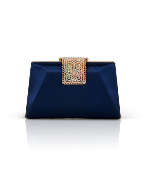 Navy | Amira Satin Faceted Trapezoid Minaudiere