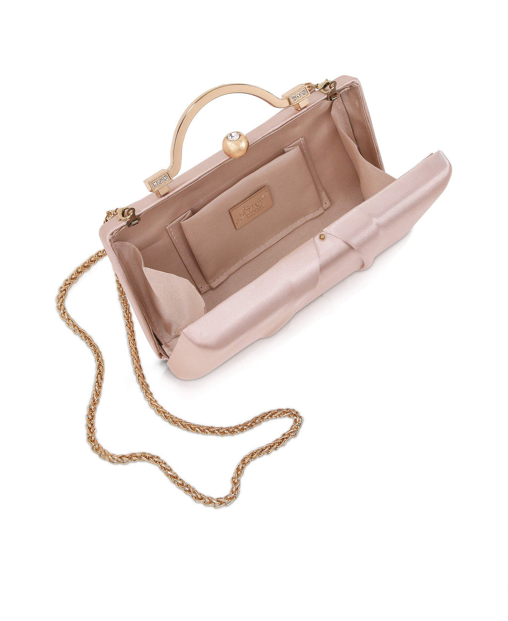 Champagne | Emma Satin Minaudiere with Outer Pocket Open