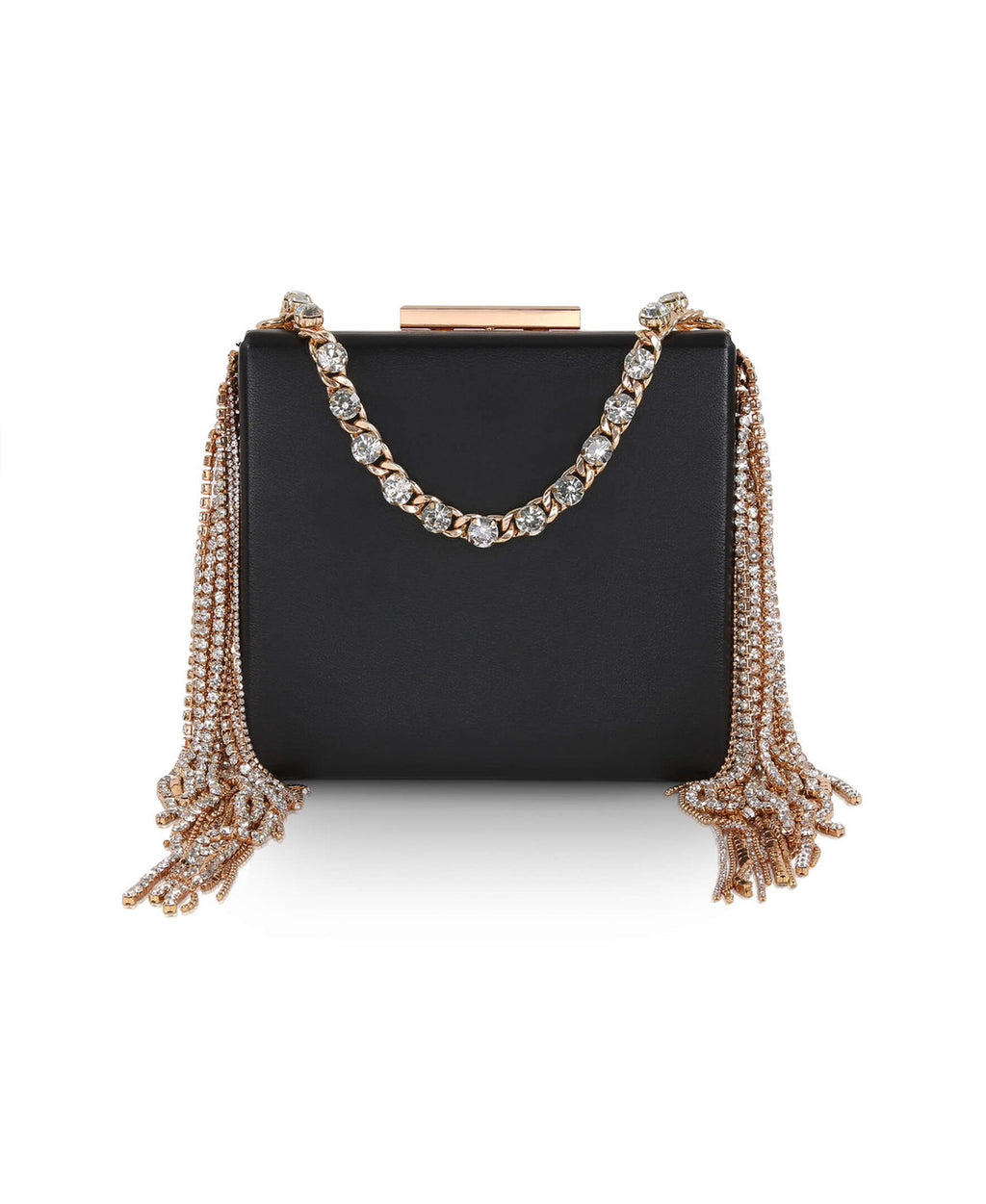 Black | Ryker Crystal Fringe Box Clutch Front
