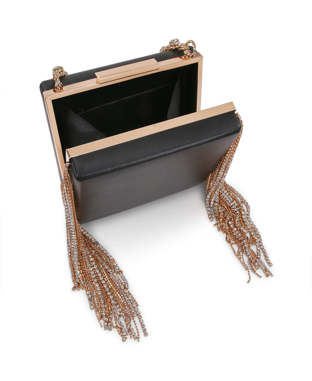 Black | Ryker Crystal Fringe Box Clutch Open