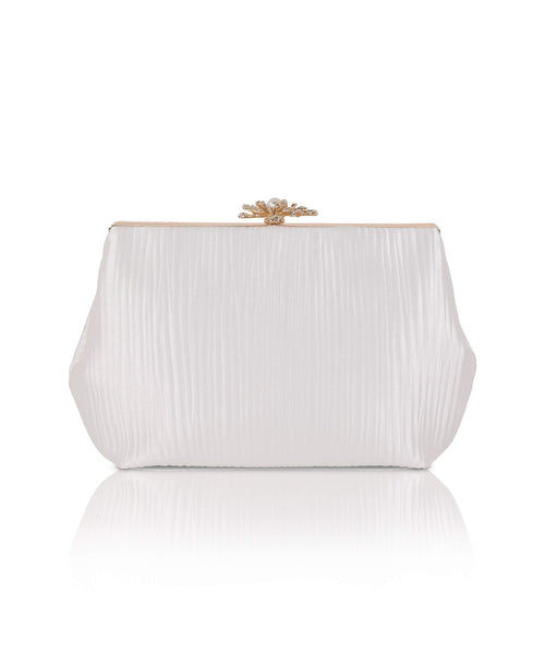 White | Arden Jacquard Satin Pouch Clutch Front