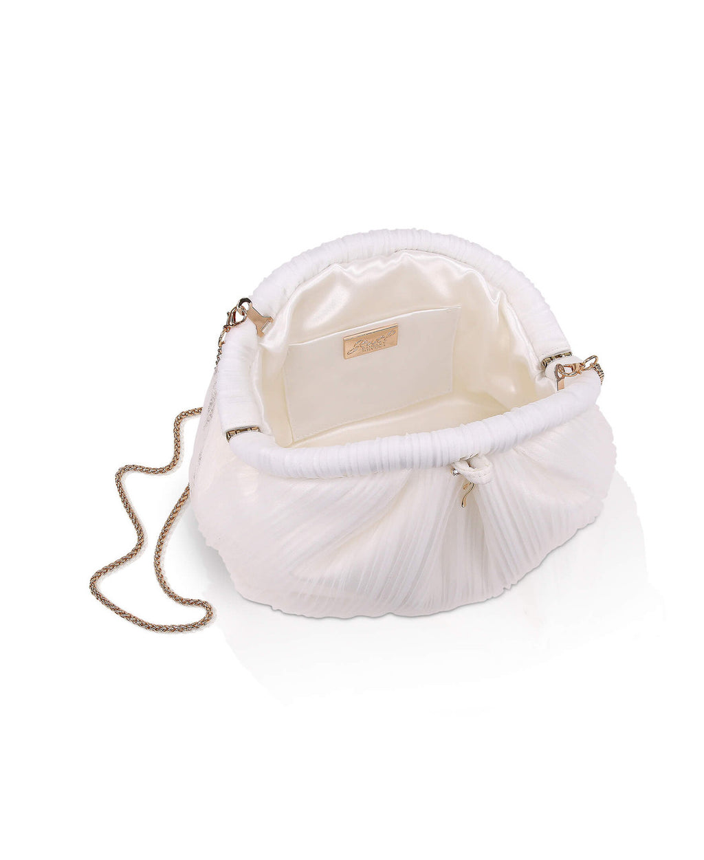 White | Vale Pleated Tulle and Satin Mini Pouch Clutch Open