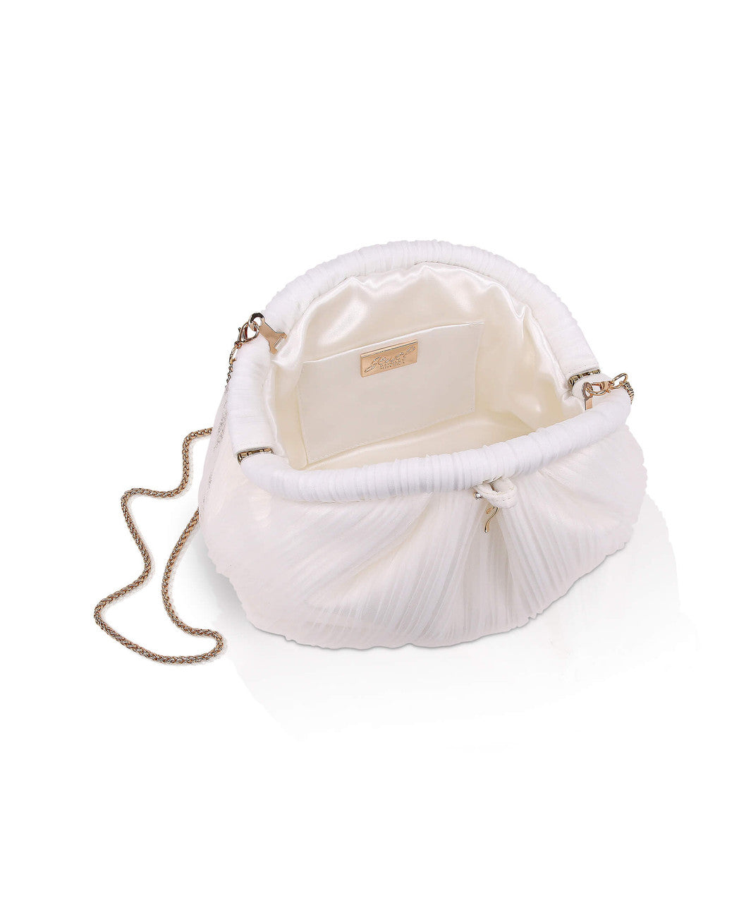 White | Vale Pleated Tulle and Satin Mini Pouch Clutch Open