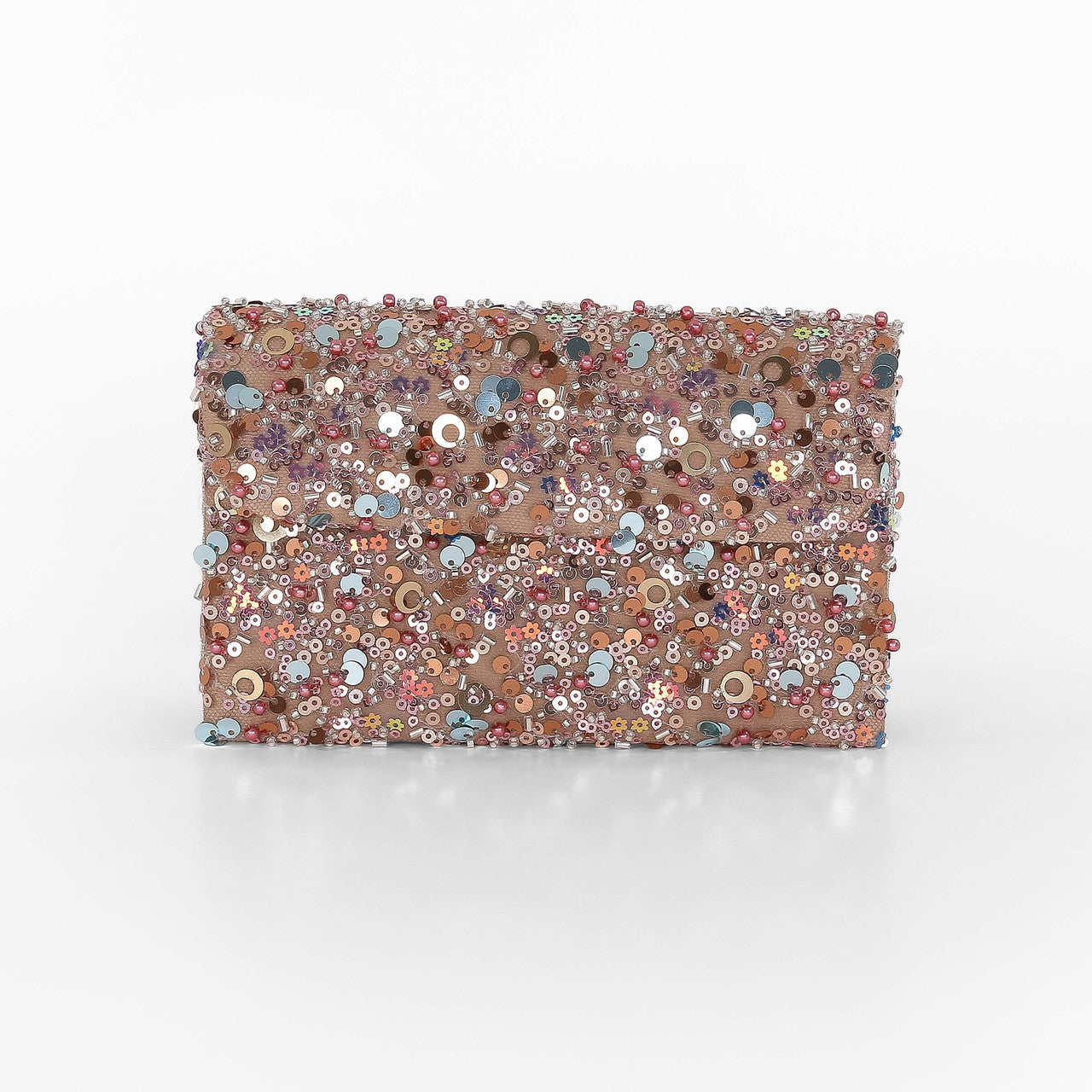 Taupe | Aurora Beaded Mini Trapezoid Clutch Front