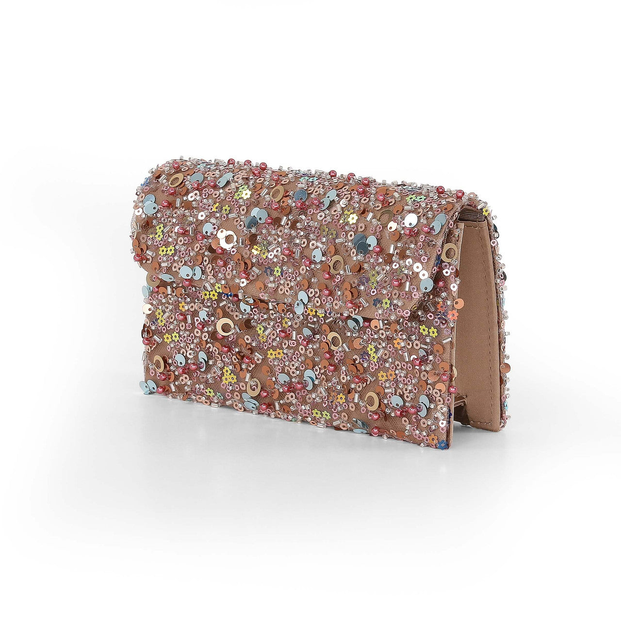 Taupe | Aurora Beaded Mini Trapezoid Clutch Side