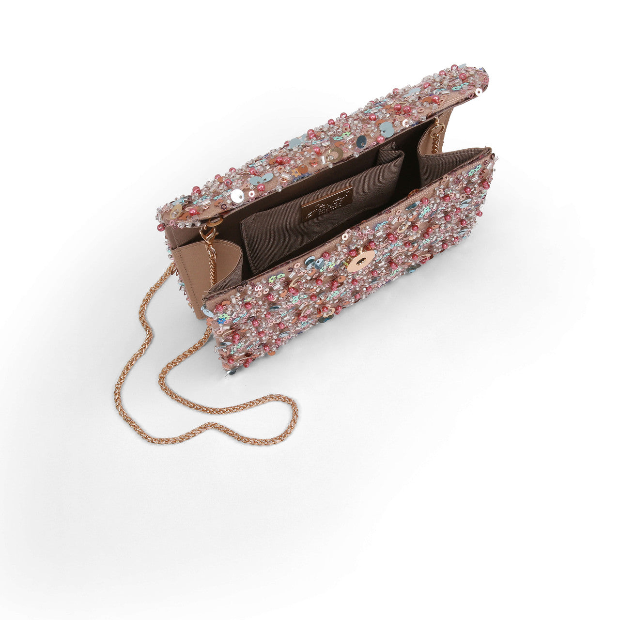 Taupe | Aurora Beaded Mini Trapezoid Clutch Open