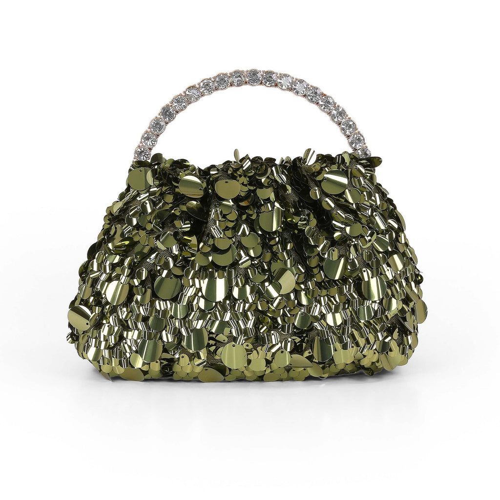 Green | Holly Crystal Handle Sequin Pouch Clutch Front