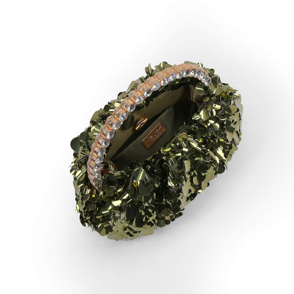 Green | Holly Crystal Handle Sequin Pouch Clutch Open