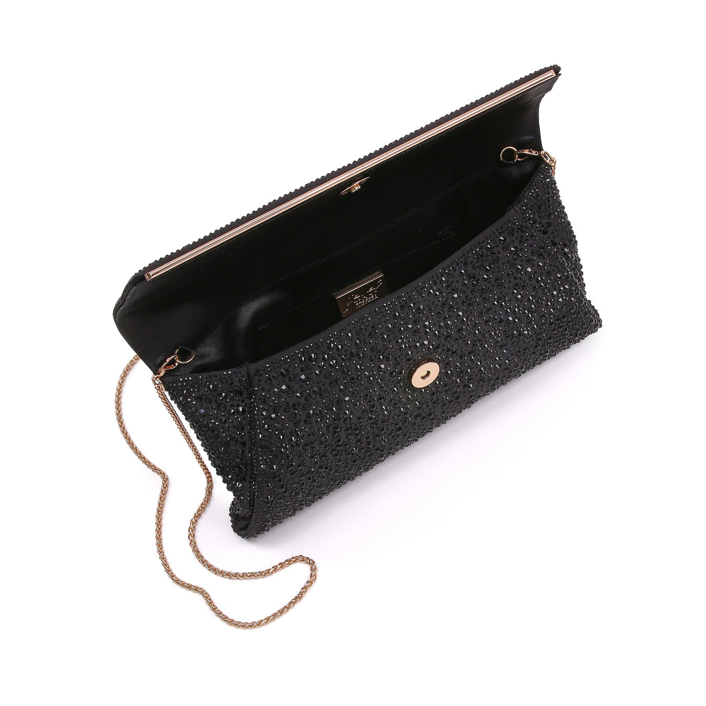 Black | Crystal Adorned Envelope Clutch Open