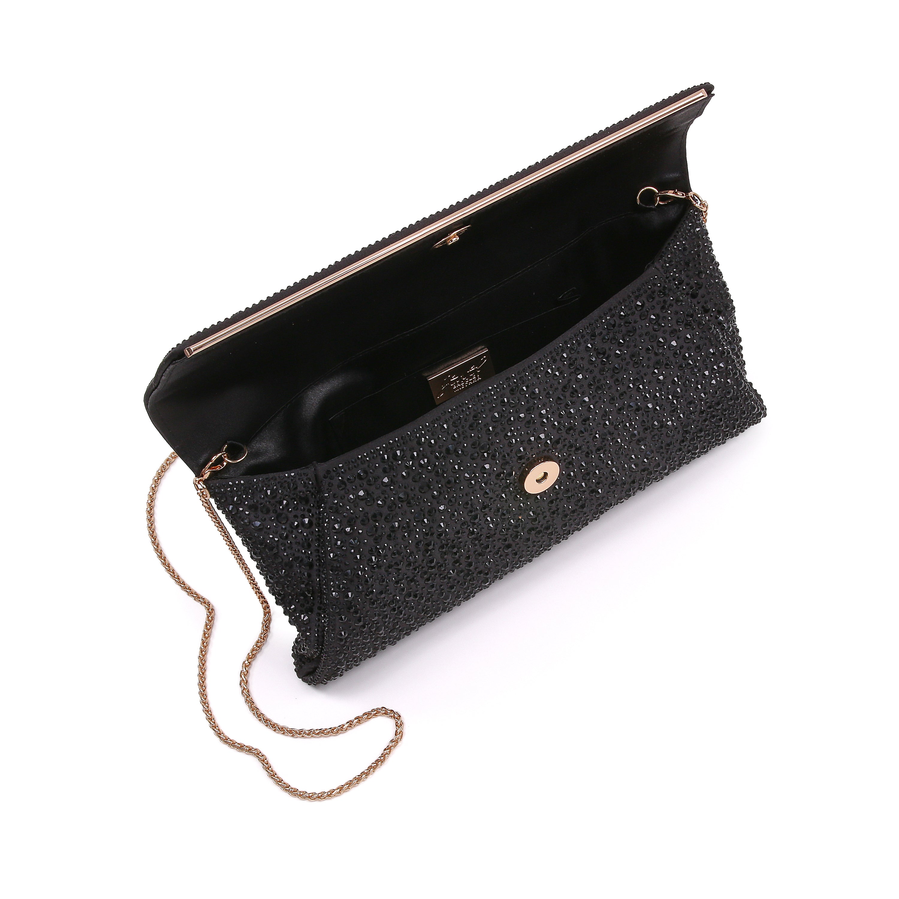 Black | Crystal Adorned Envelope Clutch Open
