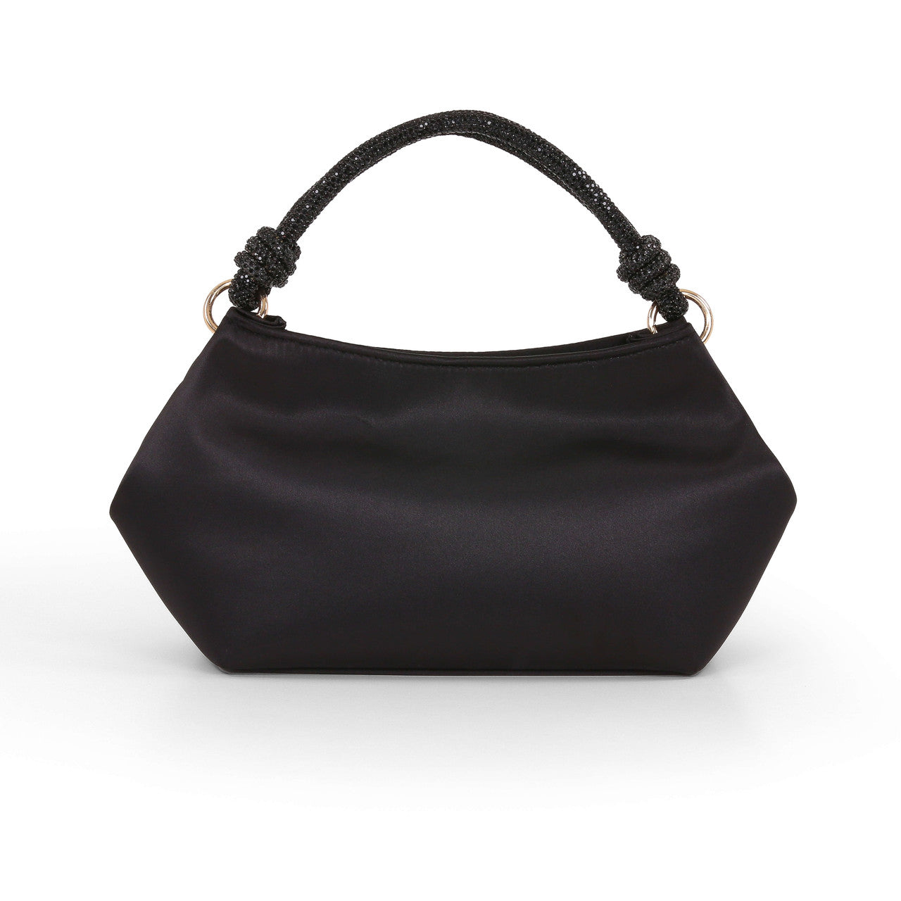 Black | Noelle Crystal Handle Satin Pouch Bag Front