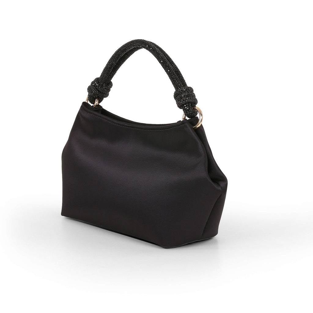 Black | Noelle Crystal Handle Satin Pouch Bag Side