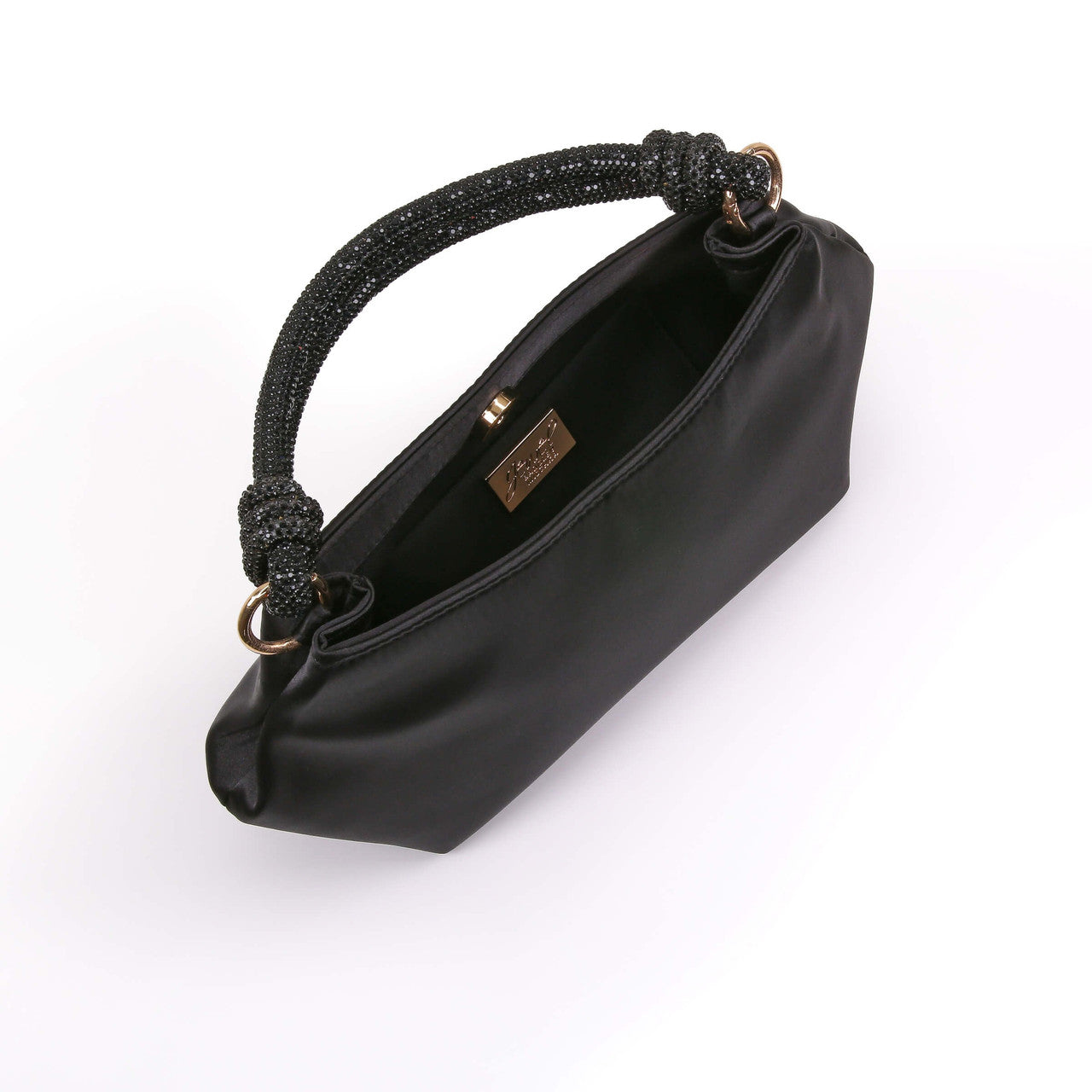 Black | Noelle Crystal Handle Satin Pouch Bag Open