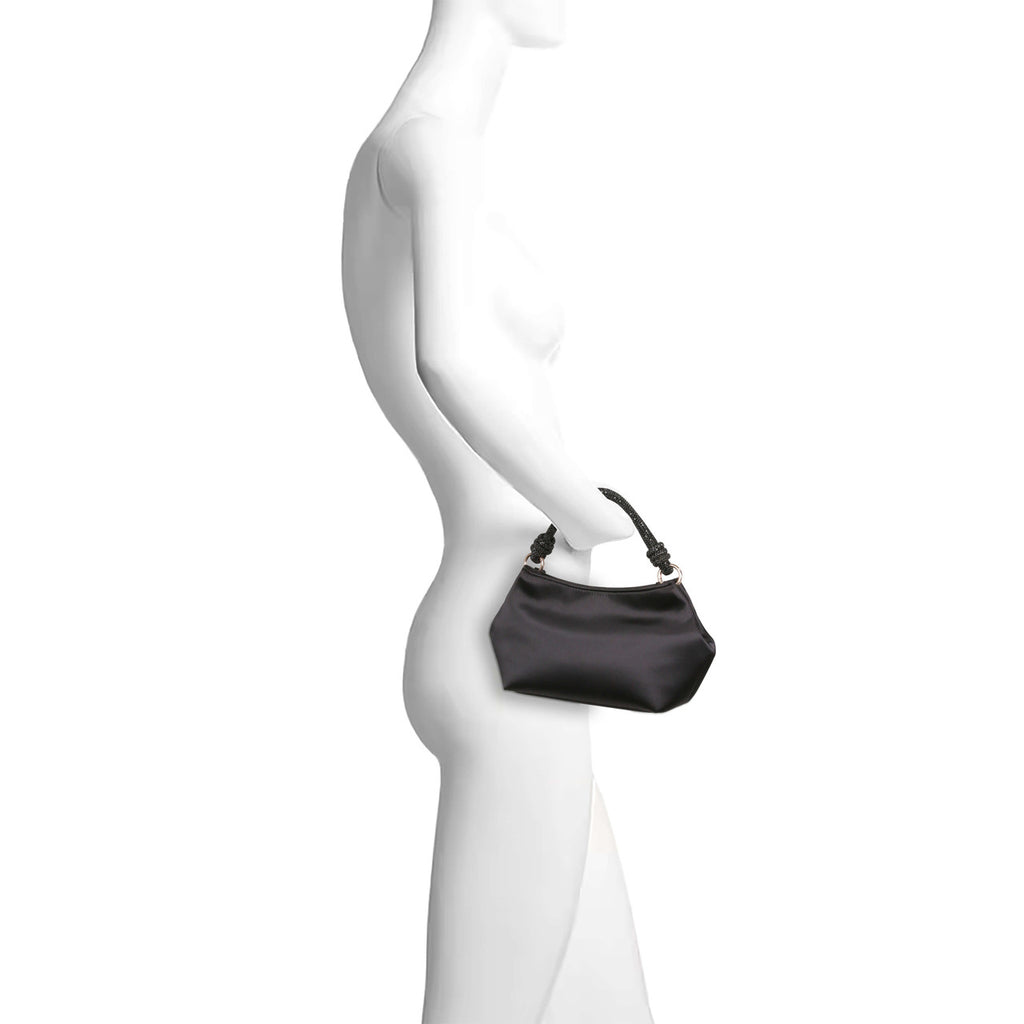 Black | Noelle Crystal Handle Satin Pouch Bag Form