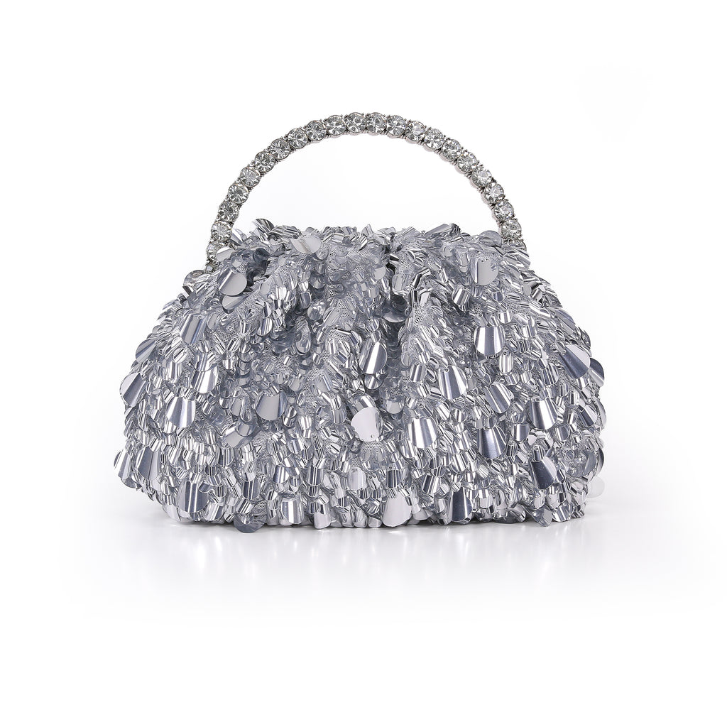 Silver | Crinkle Sequin Pouch Clutch Front