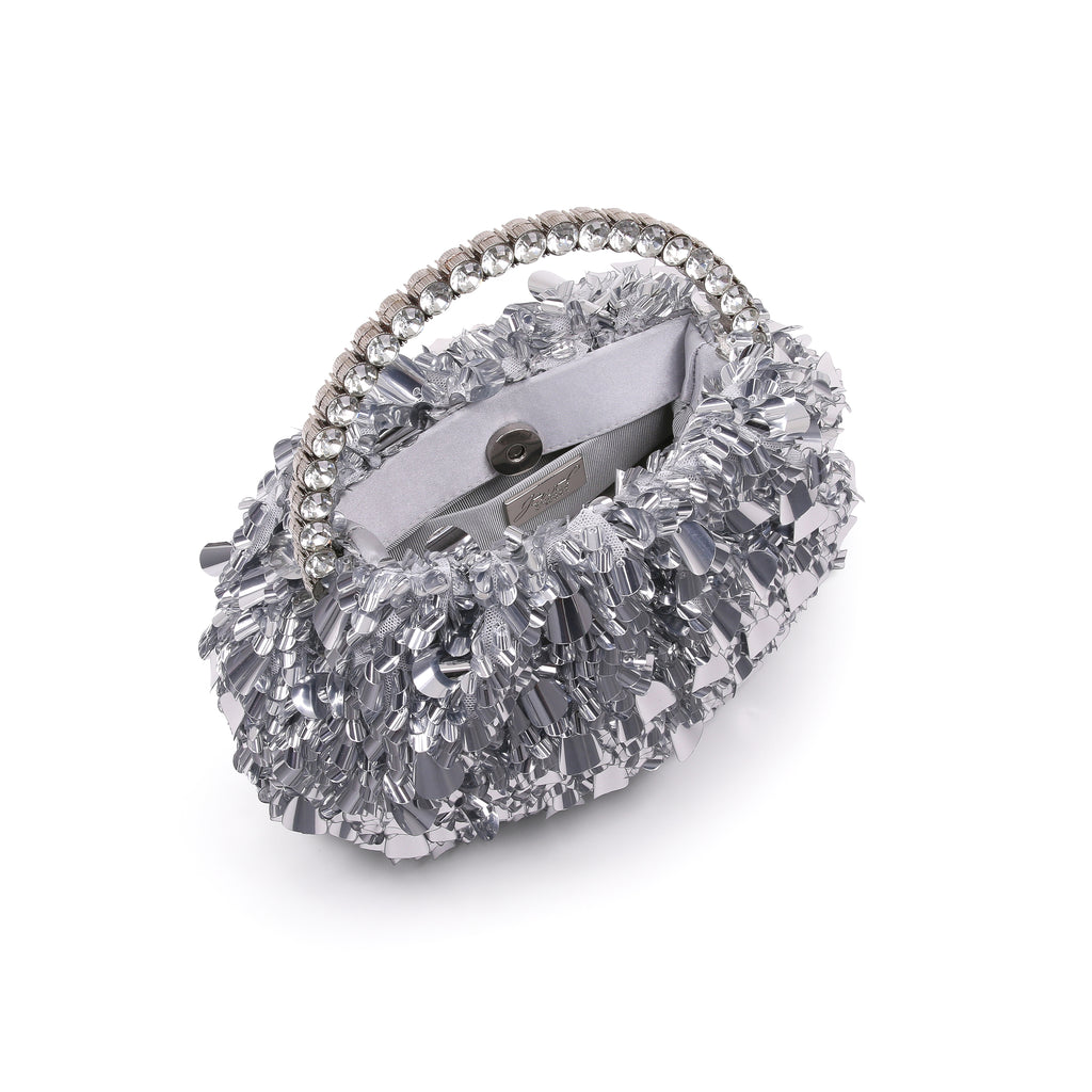 Silver | Crinkle Sequin Pouch Clutch Open