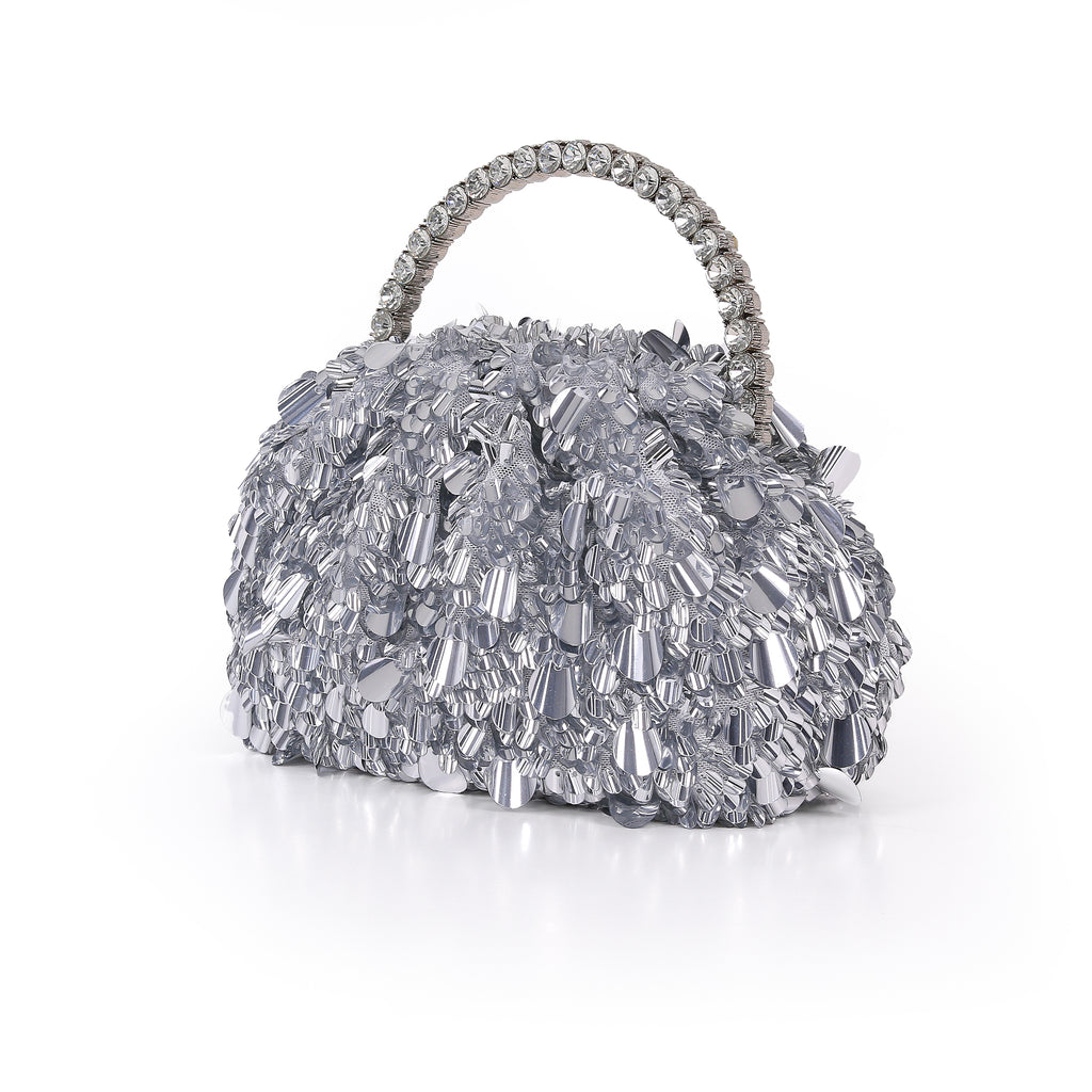 Silver | Crinkle Sequin Pouch Clutch Side