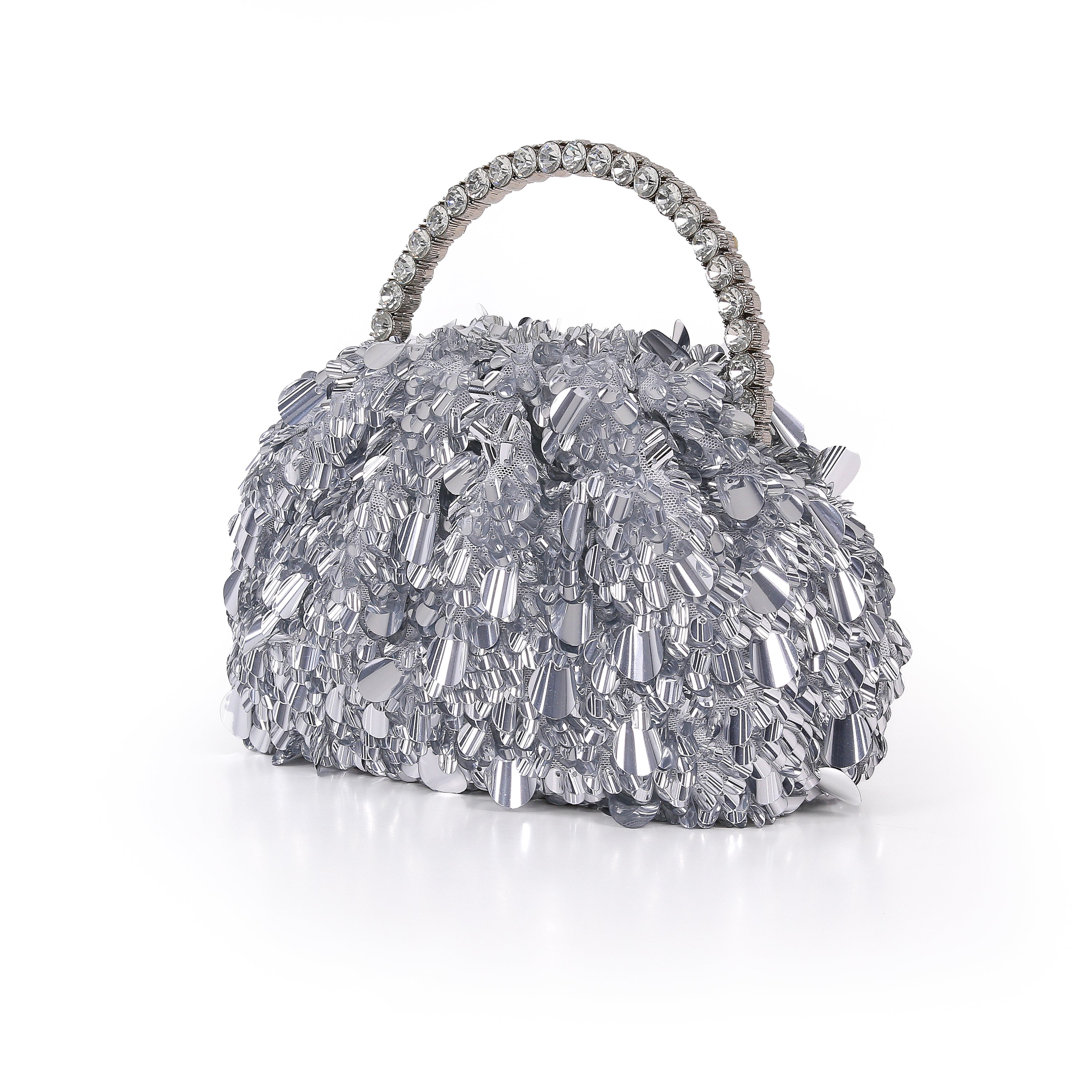Silver | Crinkle Sequin Pouch Clutch Side