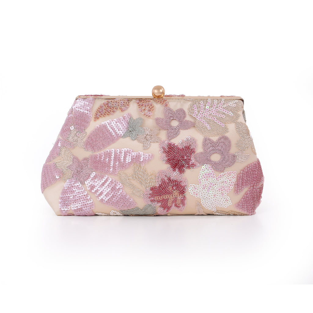 Champagne | Floral Sequin Pouch Clutch Back