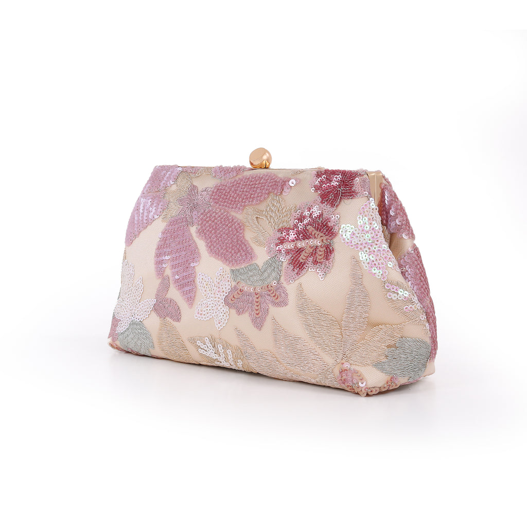 Champagne | Floral Sequin Pouch Clutch Side