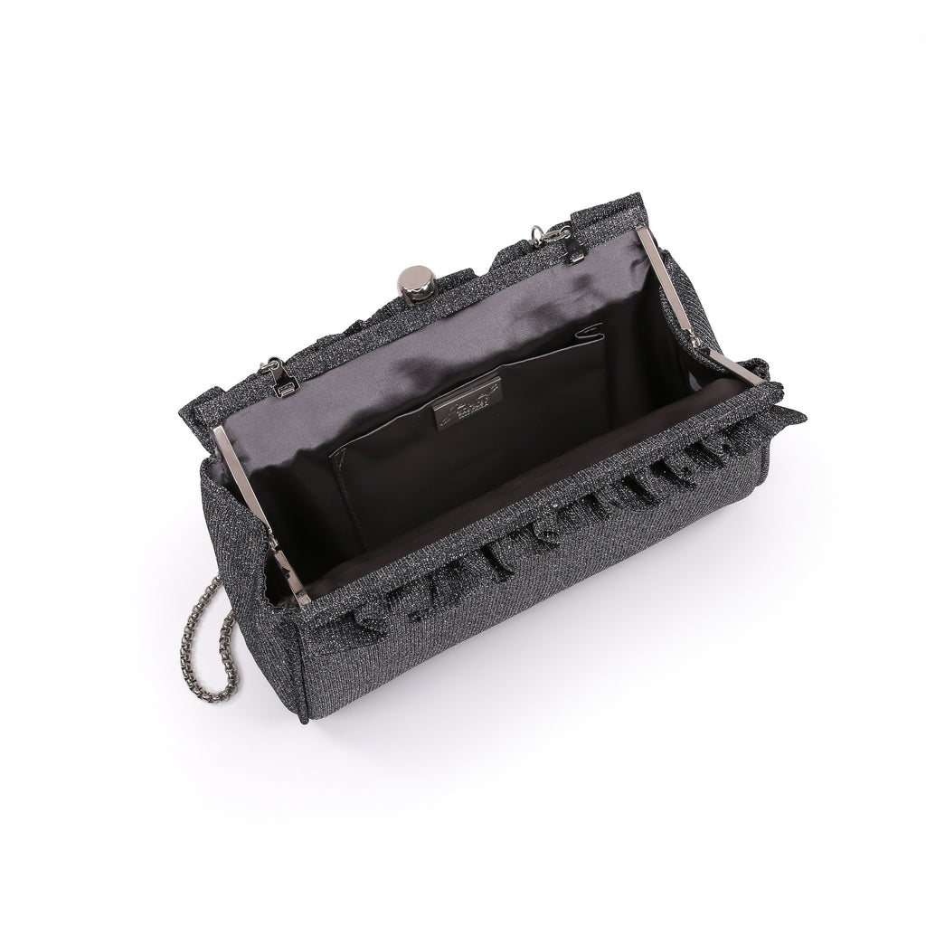 Pewter | Sparkle Jacquard Pouch Clutch With Ruffl Open