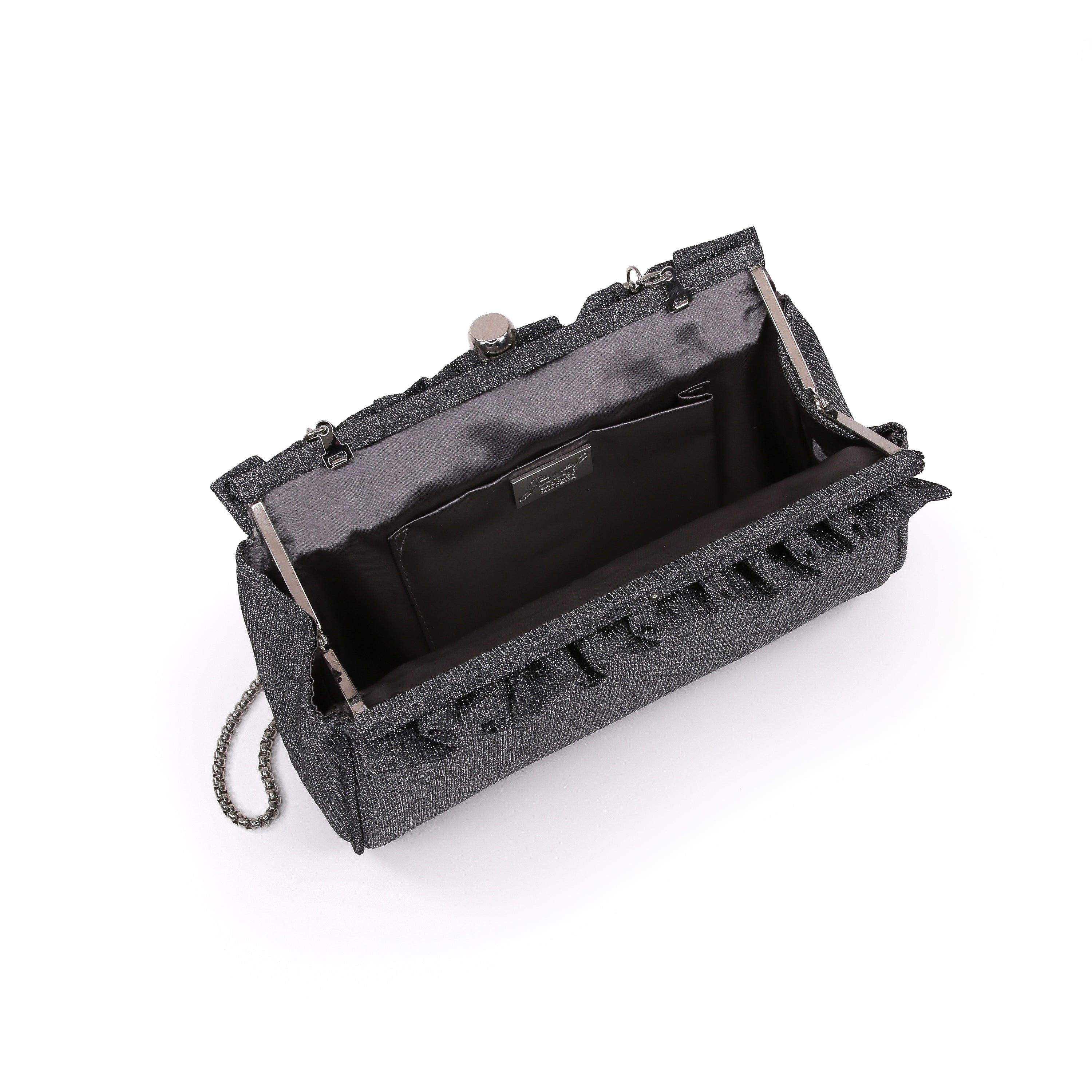 Pewter | Sparkle Jacquard Pouch Clutch With Ruffl Open