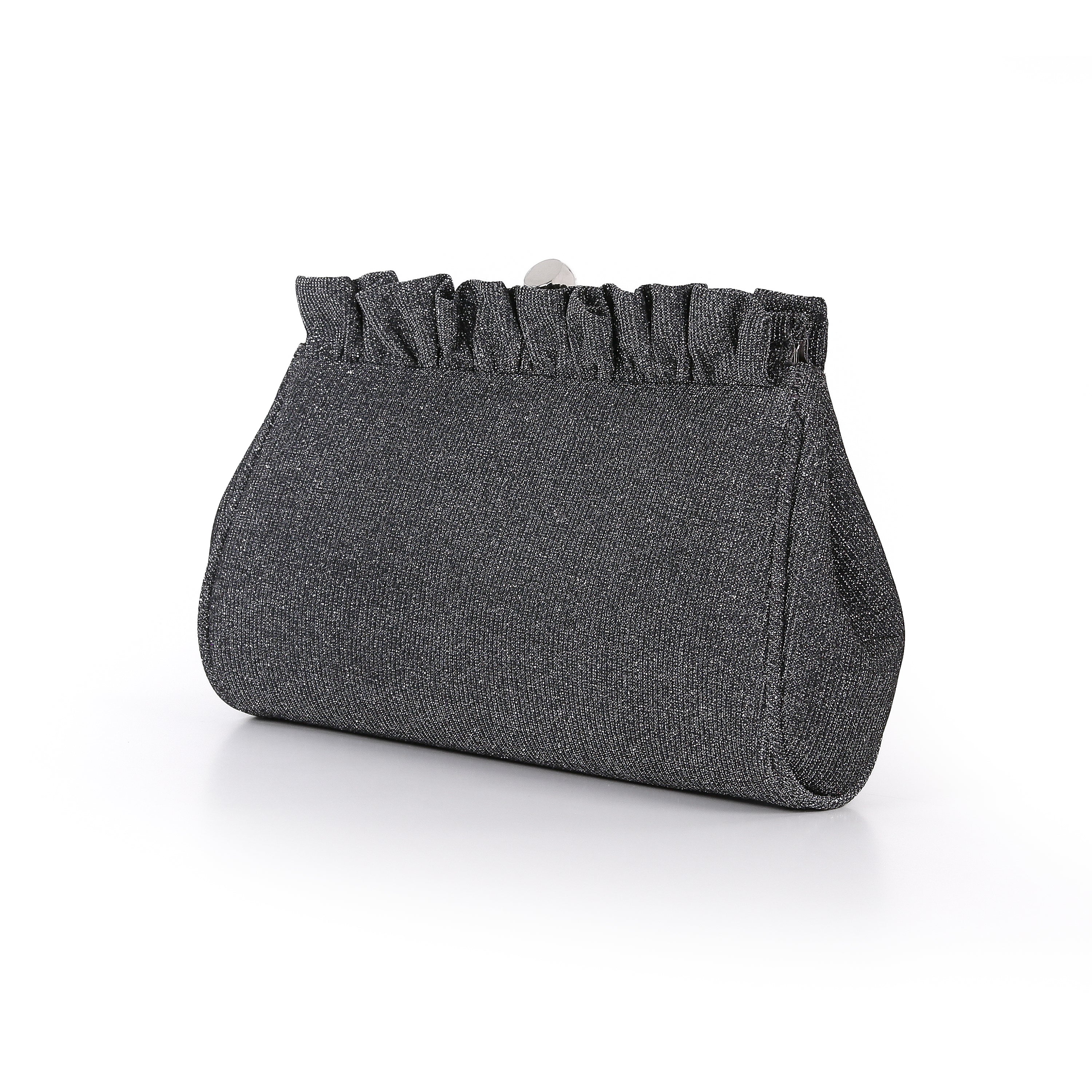 Pewter | Sparkle Jacquard Pouch Clutch With Ruffl Side