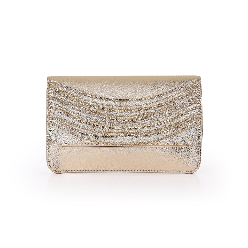 Gold | Fauv Leather Crystal Chain Envelope Clutch Front