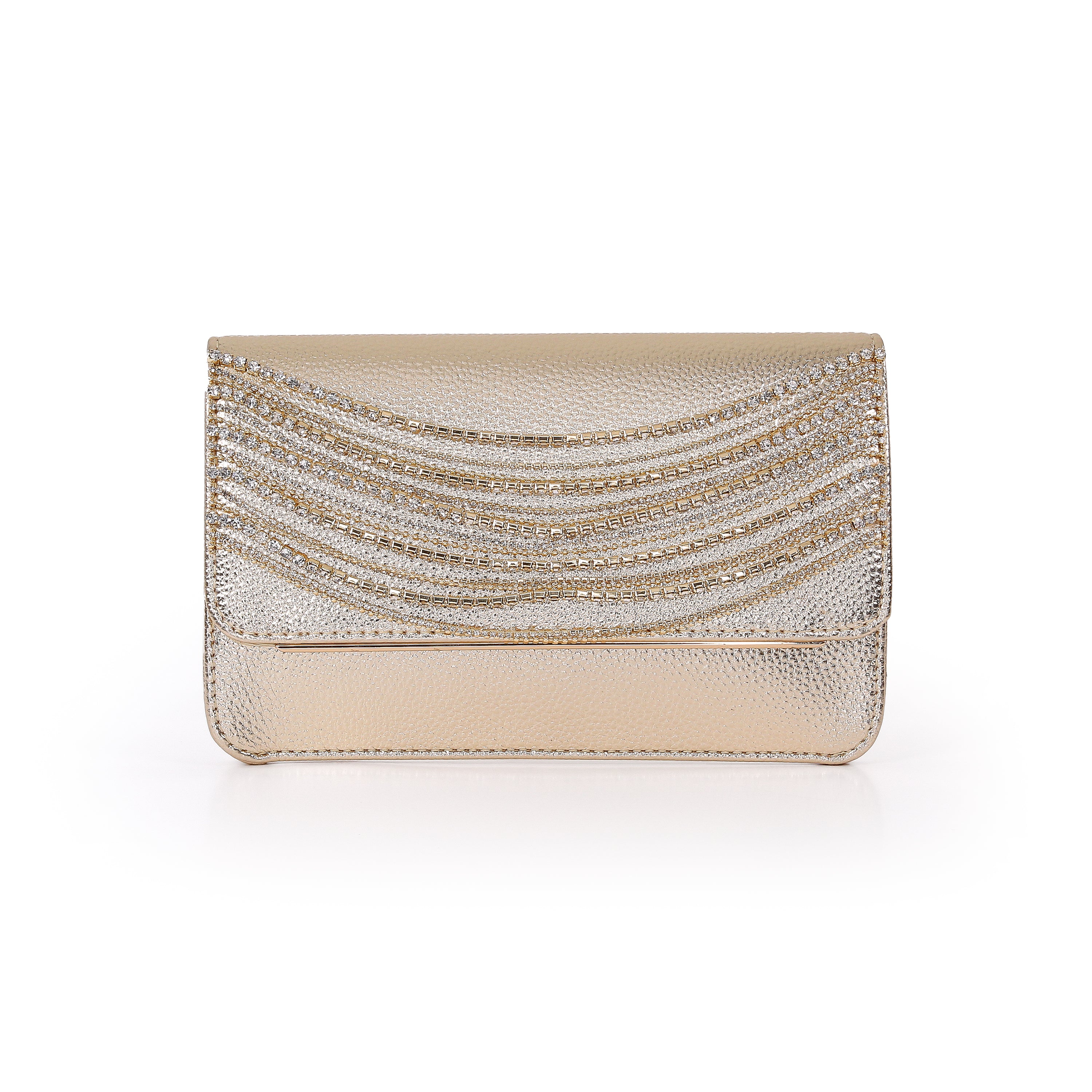 Gold | Fauv Leather Crystal Chain Envelope Clutch Front