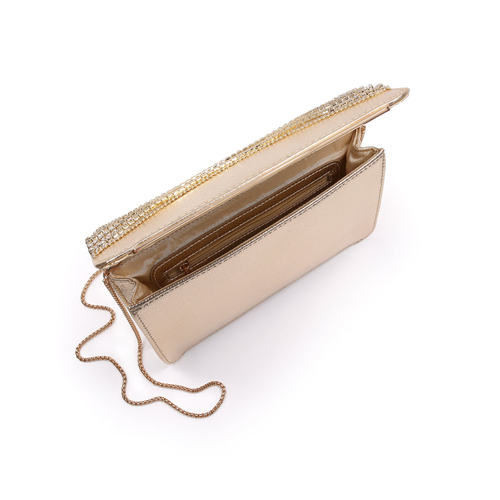 Gold | Fauv Leather Crystal Chain Envelope Clutch Open