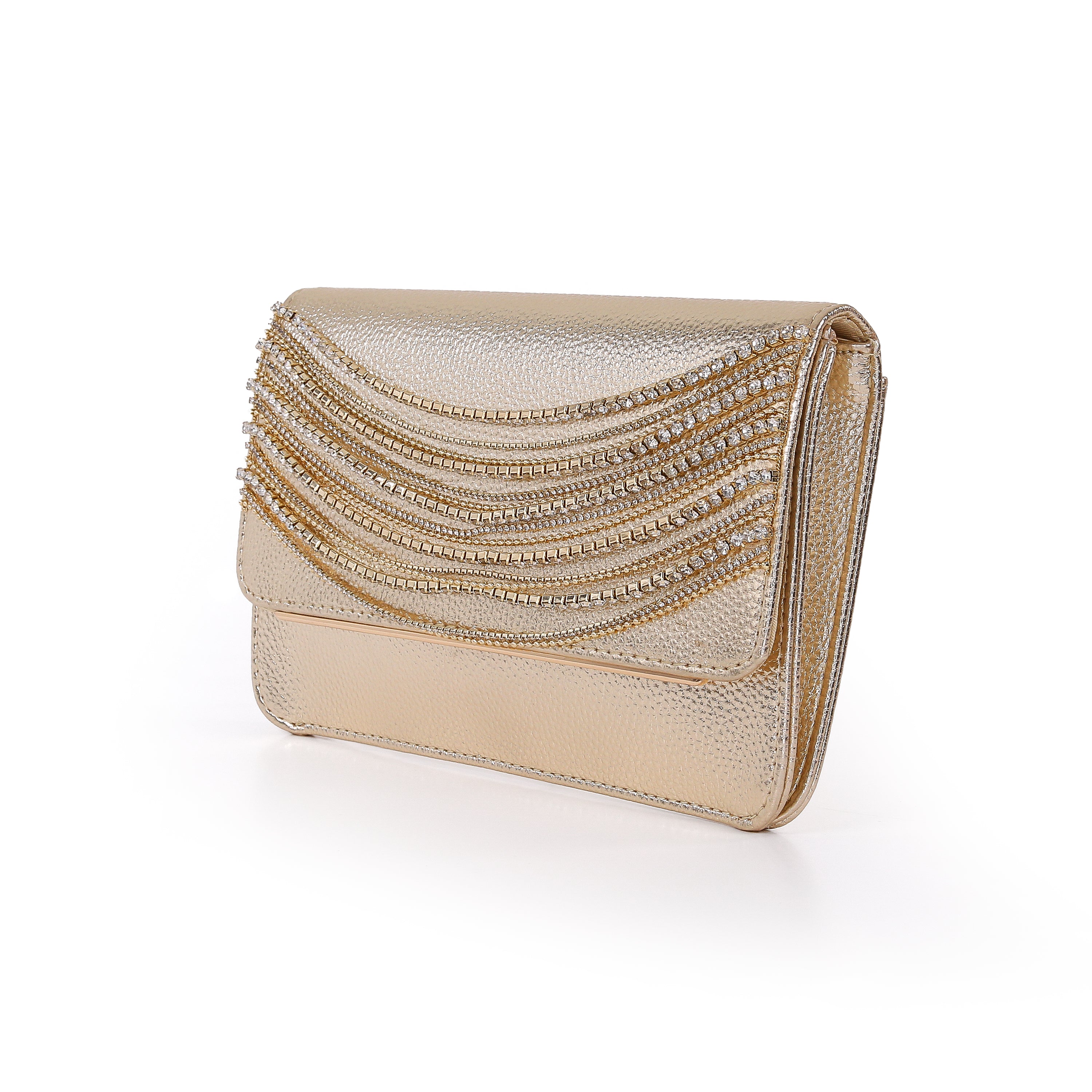 Gold | Fauv Leather Crystal Chain Envelope Clutch Side