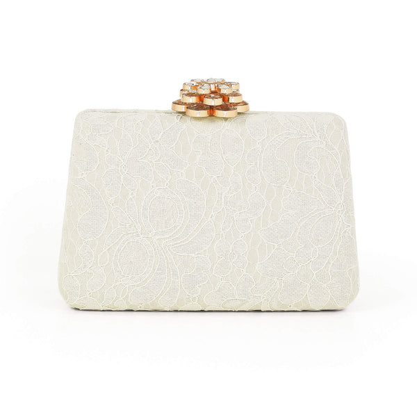 White | Rose Lace Frame Clutch Front