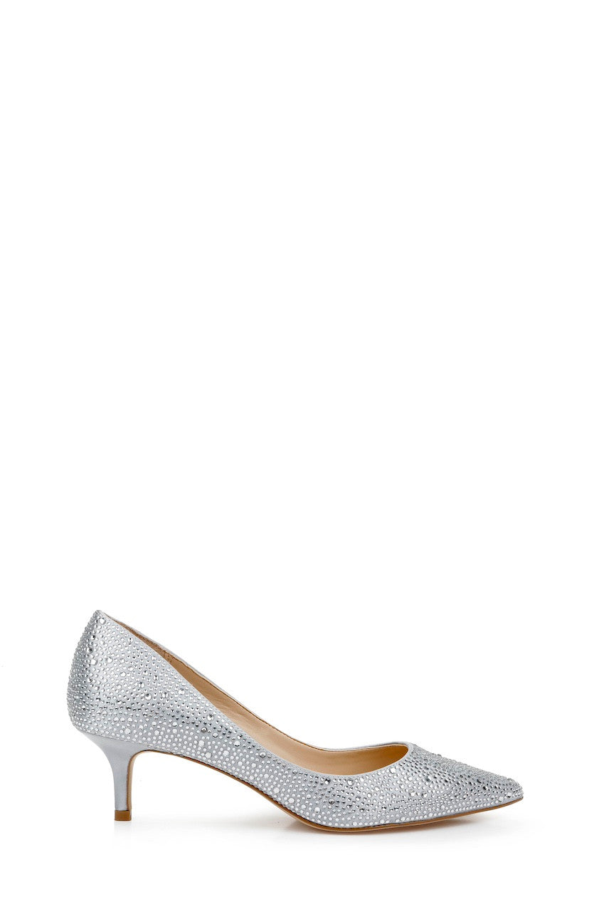 Silver Satin | Frenchie Pointed Toe Kitten Heel 