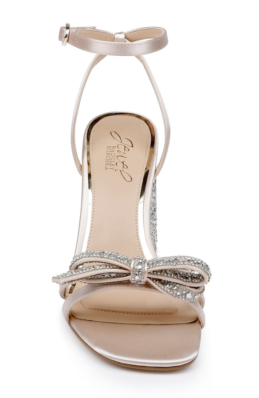 Champagne | Hillary Block Heel Sandal with Rhinestone Bow