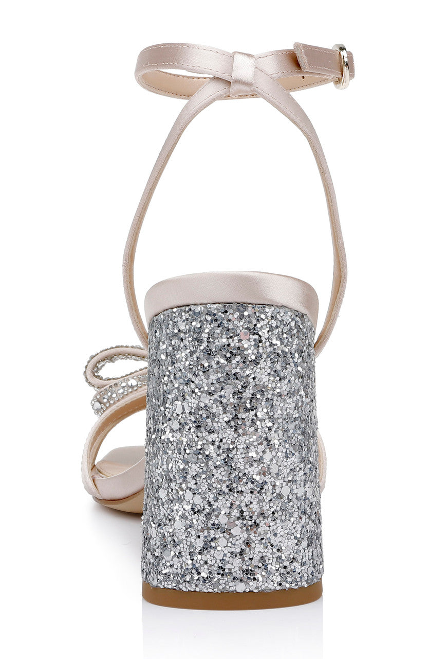 Champagne | Hillary Block Heel Sandal with Rhinestone Bow