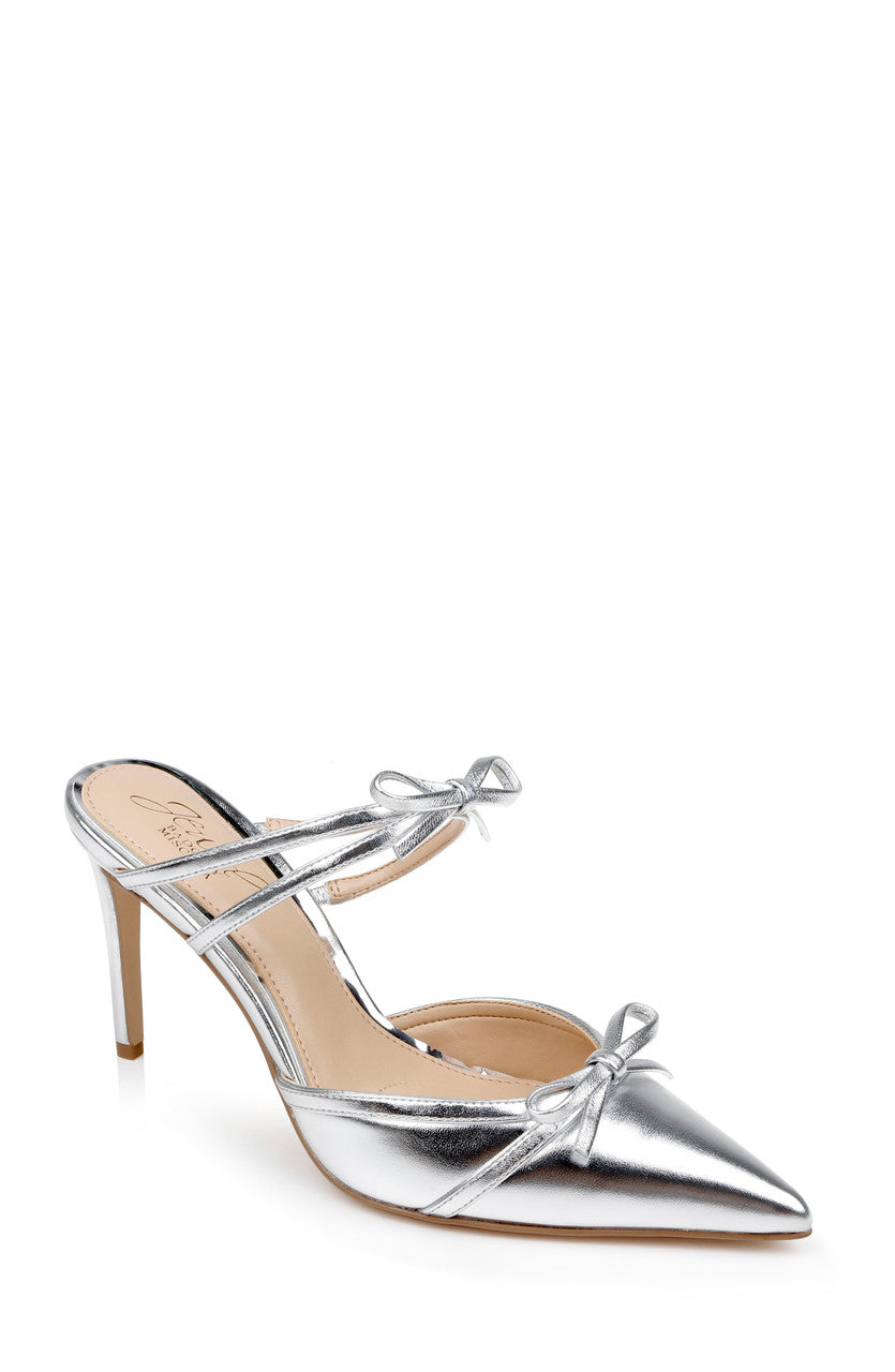 Silver | Klarise II Metallic Pointed Toe Double Bow Mules