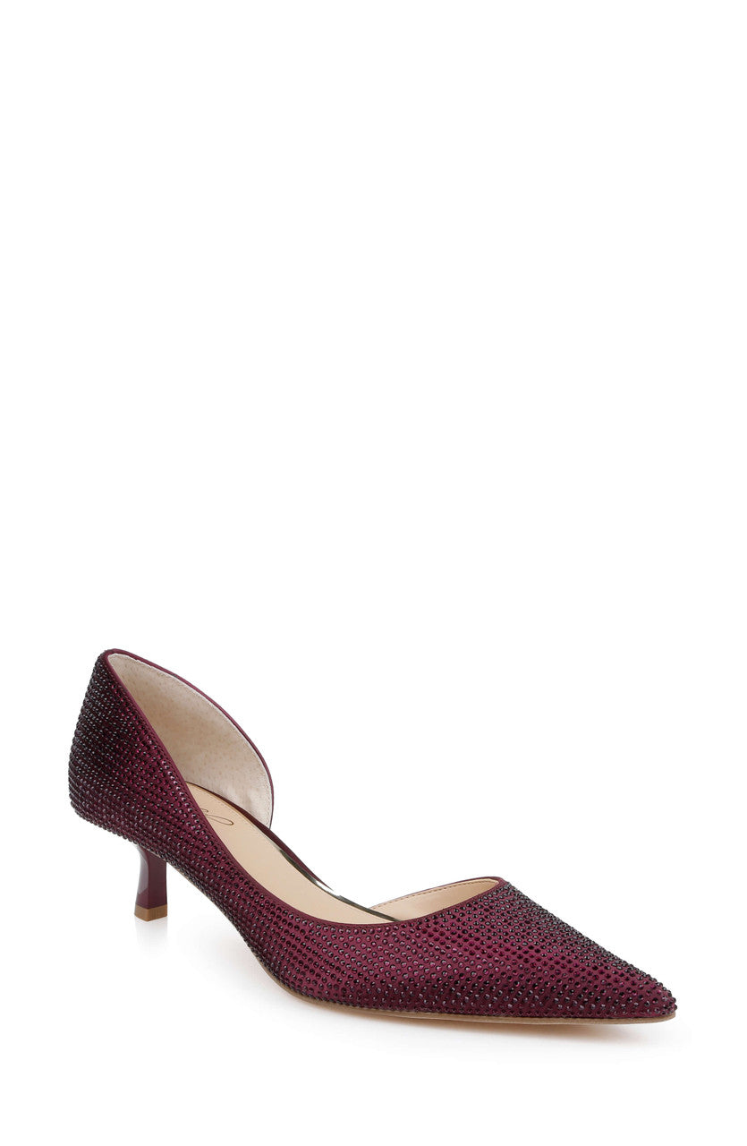 Bordeaux Satin | Teegan Pointed Toe Kitten Heel Pumps Front Side