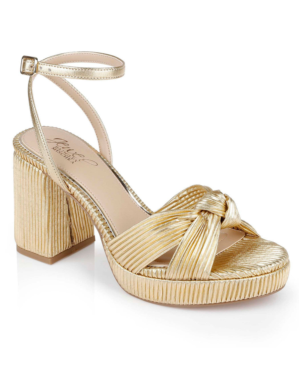 Gold Fabric | Tyler Ribbed Open Toe Block Heels Front Side