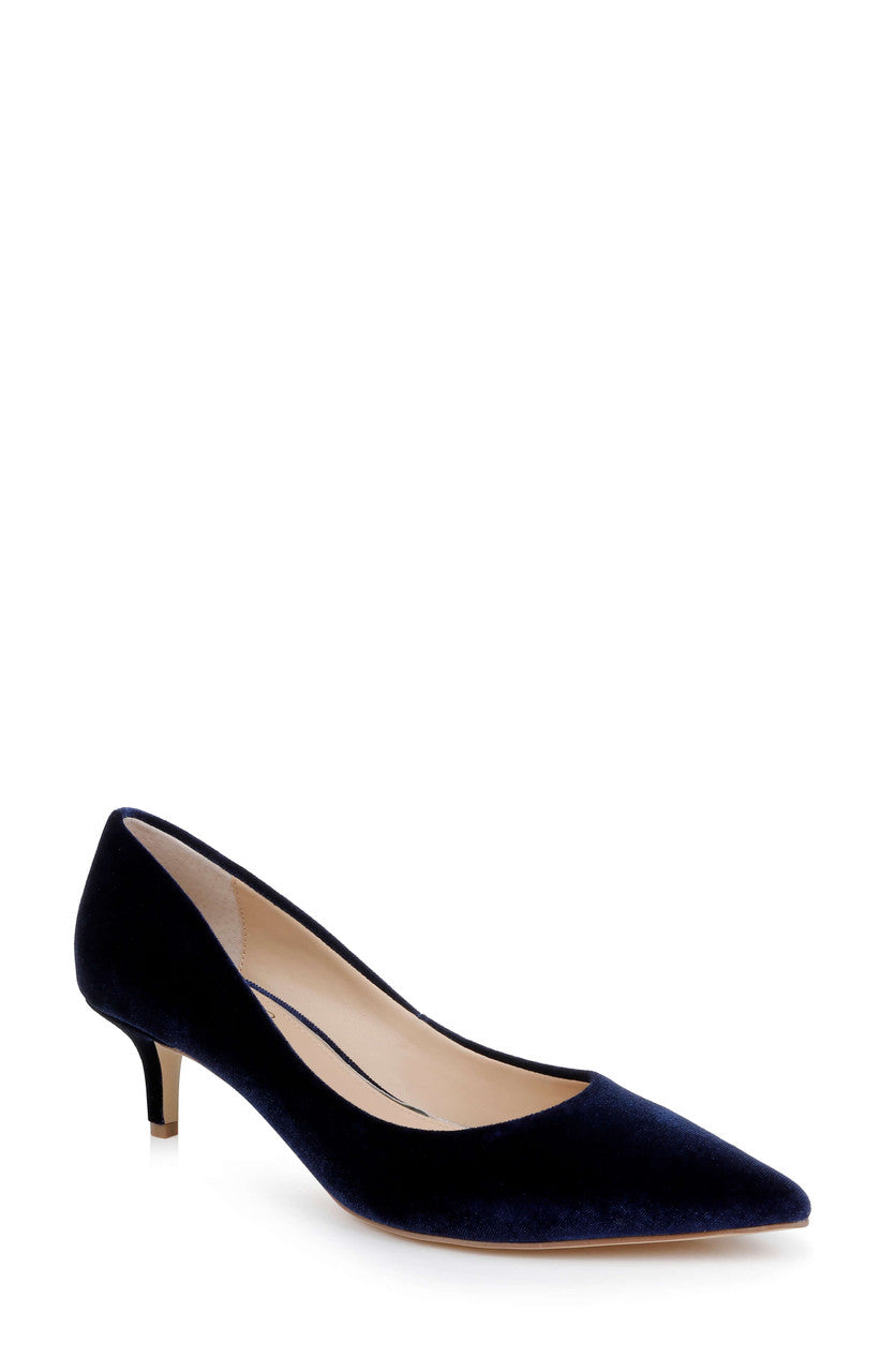Navy Velvet | Enola Velvet Kitten Heel Pumps Front Side