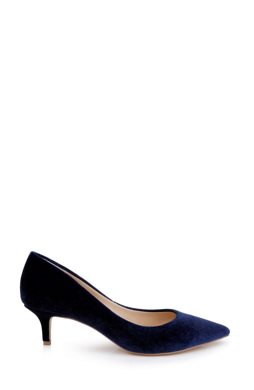 Navy Velvet | Enola Velvet Kitten Heel Pumps Side