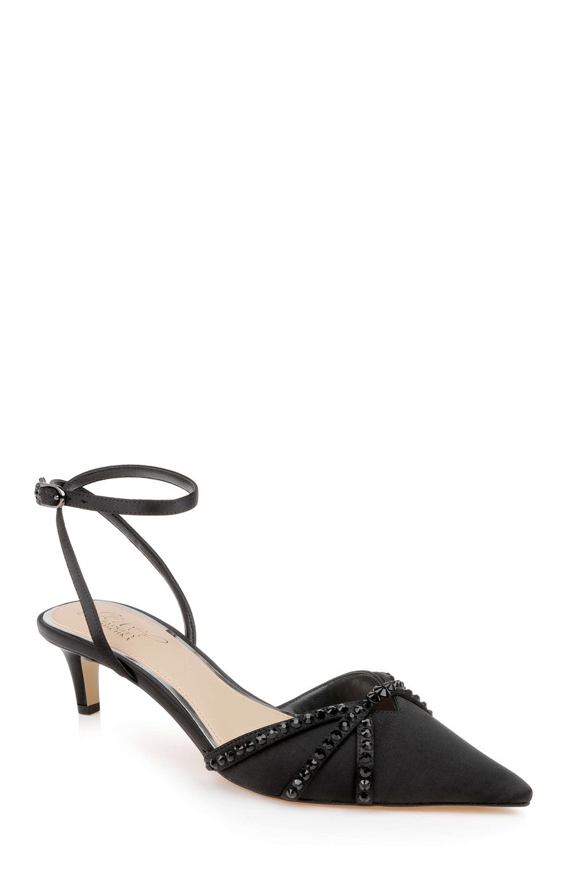 Black Satin | Indra Ankle Strap Pump Front Side