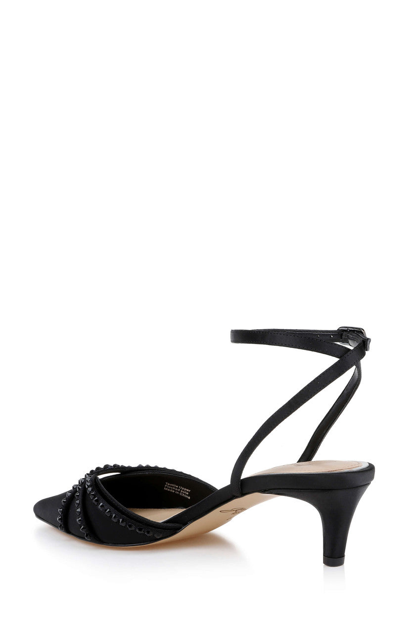 Black Satin | Indra Ankle Strap Pump Back Side