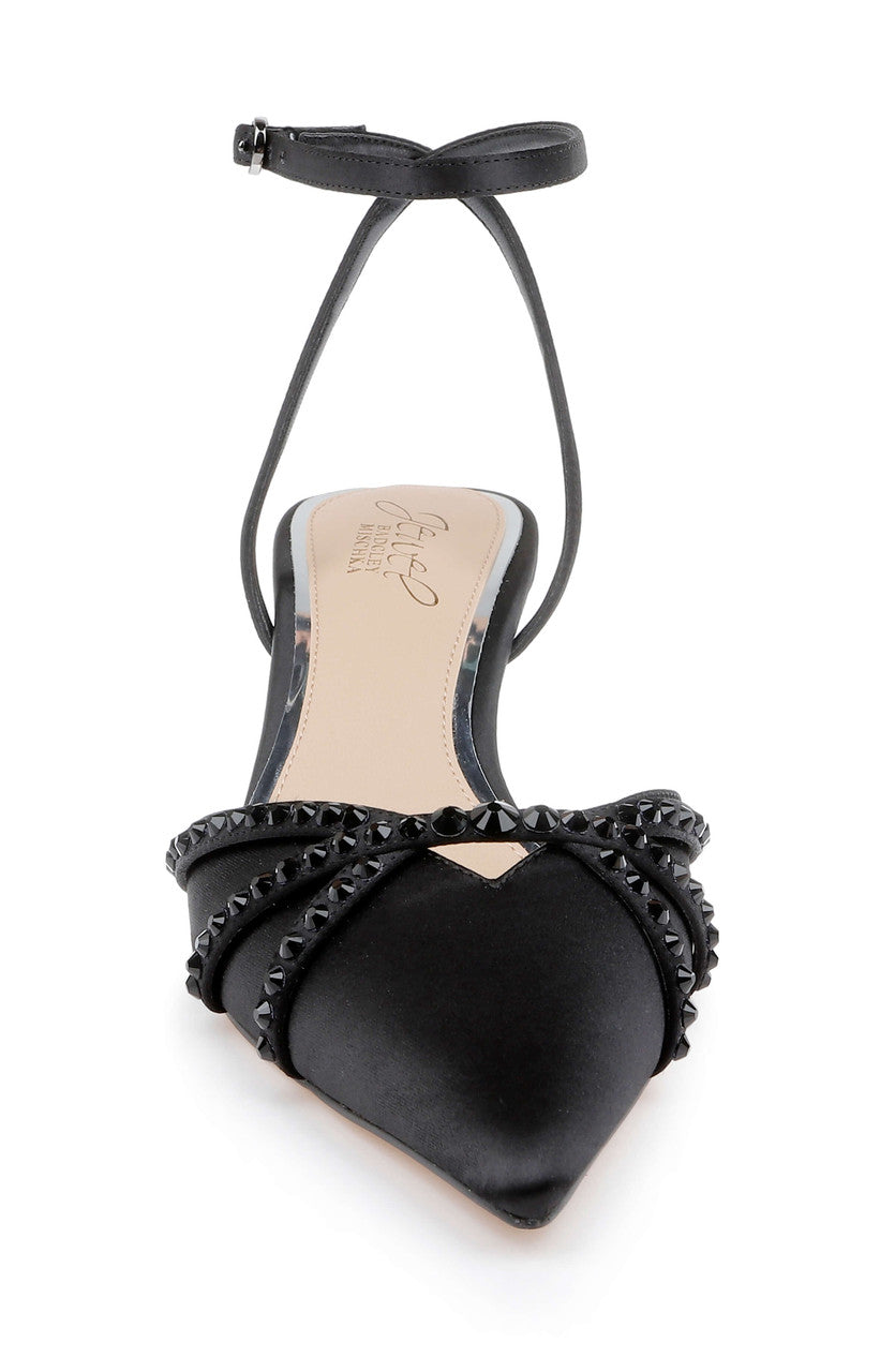 Black Satin | Indra Ankle Strap Pump Front
